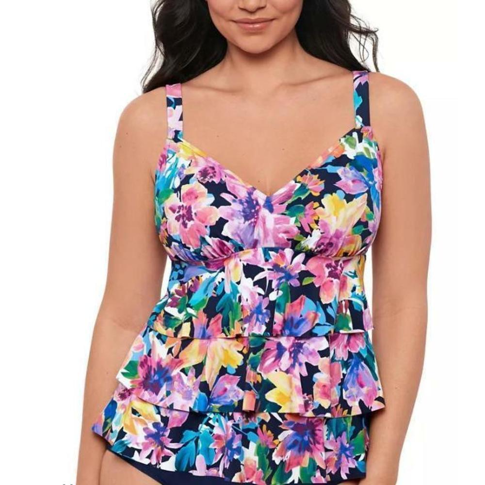 Swim Solutions Women's Garden Swan Triple-Tiered Tankini Multicolor 8